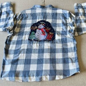 Kids Blue and White Checkered Shirt with Snowman Design